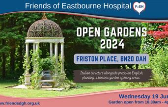 Promotional poster for Friston Place open gardens featuring a domed top Italian structure with vine wrapped pillars