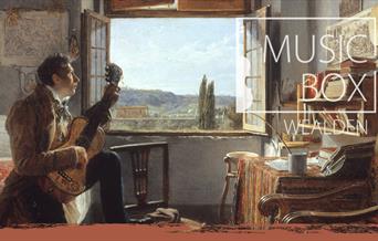 Painting of a renaissance man playing guitar and looking out of the window