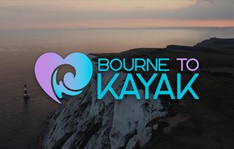 Purple and blue Bourne to Kayak logo overlaid on a sunset photo of Beachy Head chalk cliffs and lighthouse