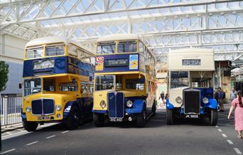 A line up of old Eastbourne corporation vehicles at Eastbourne Station