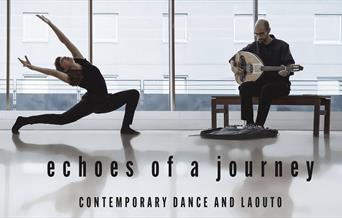 Dancer Yanaelle Ritter and musician Miltos Boumis rehearsing the show Echoes of a Journey in a bright dance studio
