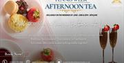 Promotional poster for afternoon tea during tennis week featuring text overlaid on a white background with a plate of strawberries, scones and macaron
