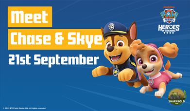 Cartoon dogs on a blue background promoting a meet and greet event with Chase and Skye from Paw Patrol