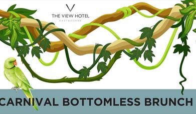 Carnival Bottomless Brunch graphic with green vines over a white background and a green parakeet