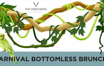 Carnival Bottomless Brunch graphic with green vines over a white background and a green parakeet