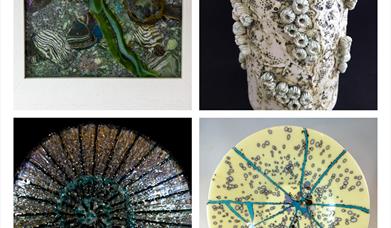 Grid of 4 images showing glass and ceramics from Julie Snowball and Dr Anthony McIntosh including glass ammonite and tall clay vessel covered in barna