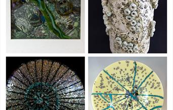 Grid of 4 images showing glass and ceramics from Julie Snowball and Dr Anthony McIntosh including glass ammonite and tall clay vessel covered in barna