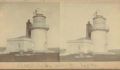 Stereograph image showing two sepia photos of the Belle Tout Lighthouse side by side