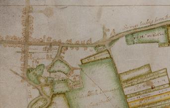 1636 map of the old town area of Eastbourne showing crossroads of main settlement of Eastbourne