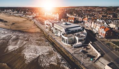 Bridlington Spa from the air. This building houses the theatre, events & conference centre and also the Tourist Information Centre in Bridlington, Eas