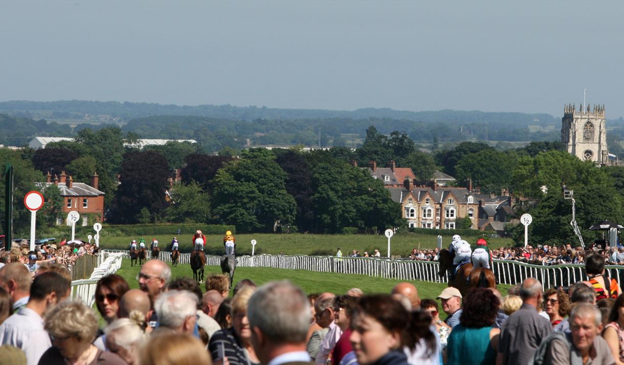 A view taken over the racecourse looking to towards the town centre at Beverley Racecourse in East Yorkshire.