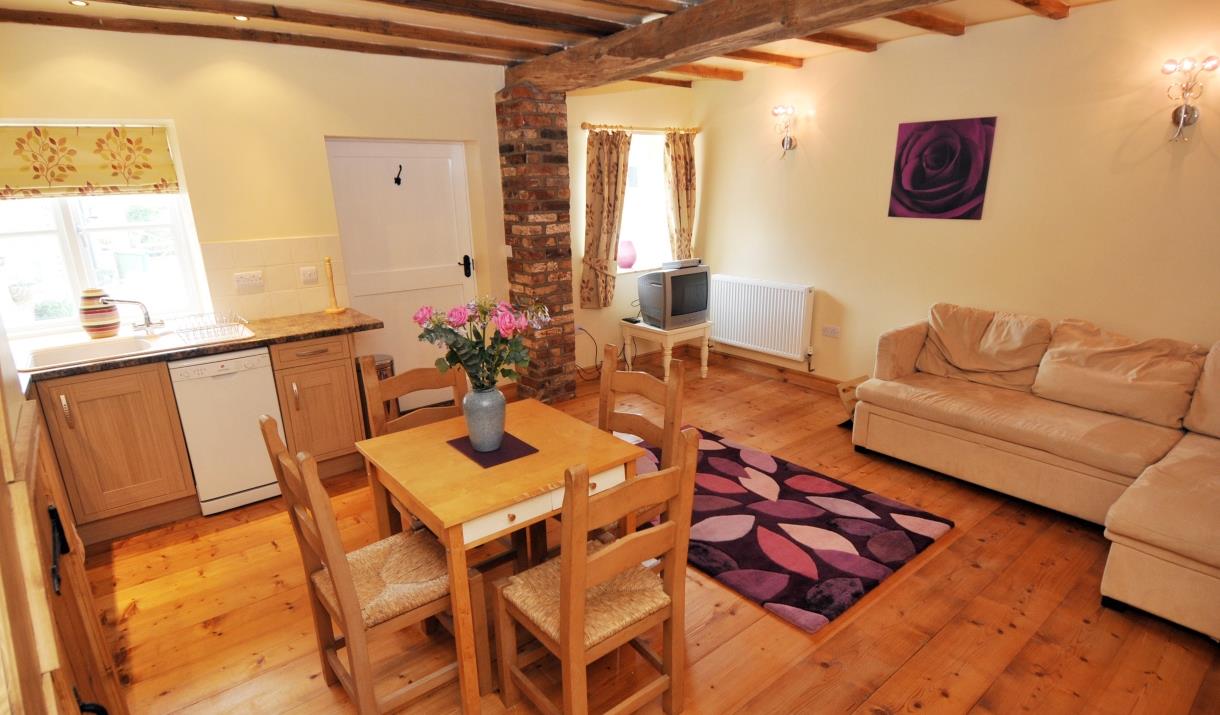 The living area and kitchen at manor Farm Holiday Cottages in East Yorkshire.