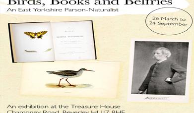 An open book, a sea bird and a picture of Rev. Morris