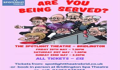 Cartoon cast of Are You Being Served on a Pink poster