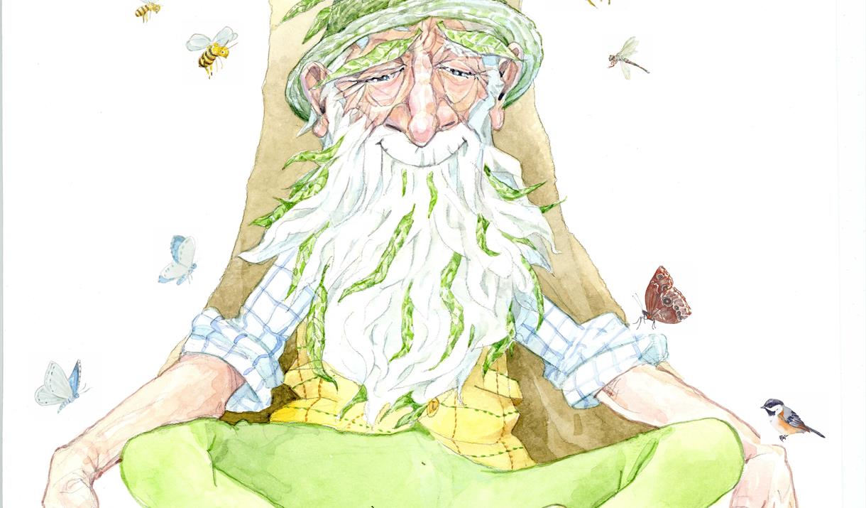 A cartoon image of an old man, sat crossed legged at the bottom of a tree stump, surrounded by butterflies at Wolds Way Lavender in East Yorkshire.