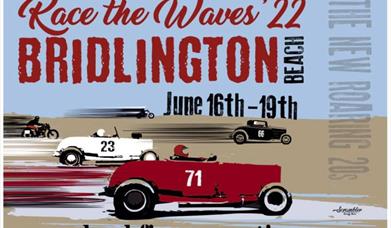 An image of 1920s cars driving on the beach, advertising Race the Waves 2022