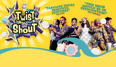 Twist and Shout Babbacombe Theatre musicians and singers dressed in 60s flower power clothes  