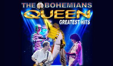 Queen tribute poster showing the lead singer performing in a yellow jacket with brass buttons 