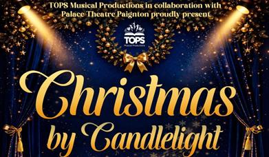 Christmas by Candlelight logo with the date on a dark background with lots of twinkly lights.