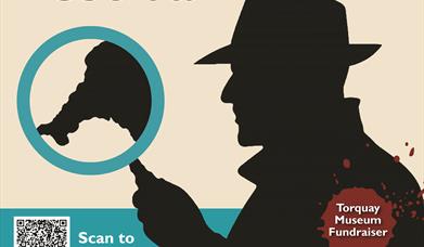 Crime at the Coast Festival at Torquay Museum on 9 November 2025, featuring detective silhouette, event details, booking QR code