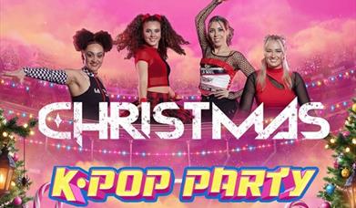 poster showing four performers against a pink background  