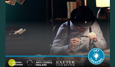 person in a bowler hat looking through a magnifying glass in a dimly lit room