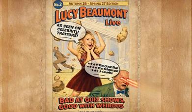 Lucy Beaumont - Bad at Quiz Shows, Good with Weirdos, picture of Lucy with a cartoon background