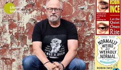 Picture of Robin Ince alongside the cover of the two books he has out this year.
