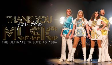 photos of four performers on stage in costume with the show logo in gold  