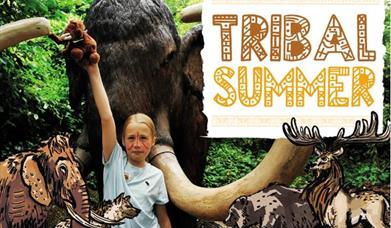 Prehistoric animal illustrations overlaying a photo of a girl with tribal face paint. text reads 'Tribal Summer'