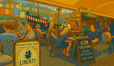Local Tipple Tasting - Free Event - Every Saturday in July & August Liberty Brixham. Sketch of people relaxing  in a gin bar on the harbour
