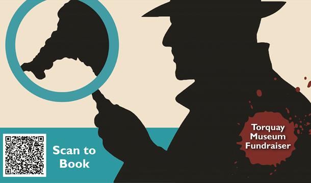 Crime at the Coast Festival at Torquay Museum on 9 November 2025, featuring detective silhouette, event details, booking QR code