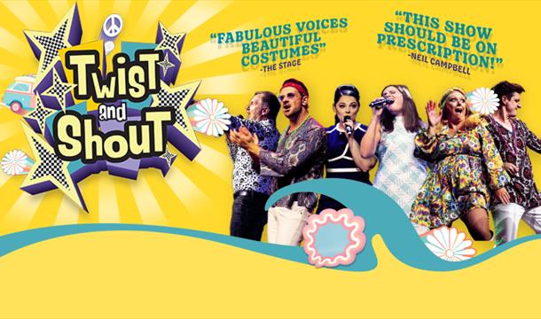 Twist and Shout Babbacombe Theatre musicians and singers dressed in 60s flower power clothes