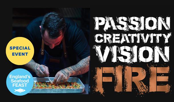 A chef preparing a tray of food alongside the words passion creativity vision fire