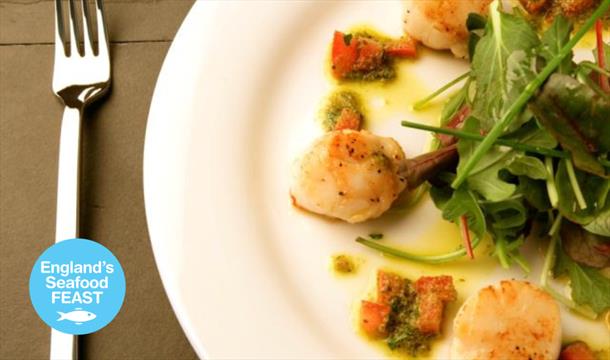 Seafood with scallops dish prepared by Cary Arms & Spa. Part of England's Seafood FEAST.