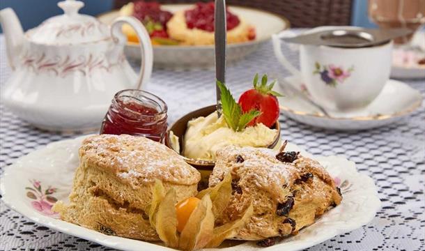 images of cream tea and sandwiches and Angles tea room