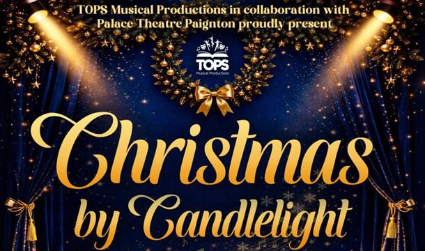 Christmas by Candlelight logo with the date on a dark background with lots of twinkly lights.