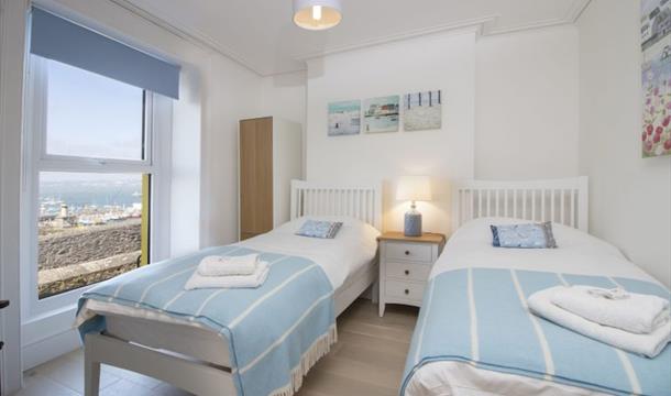 Twin bedroom with sea view, Lounge with sea view, The Captain's Cottage, North View Road, Brixham, Devon