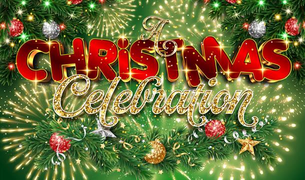 a green background with gold and red sparkly baubles with a Christmas celebration written in red and gold