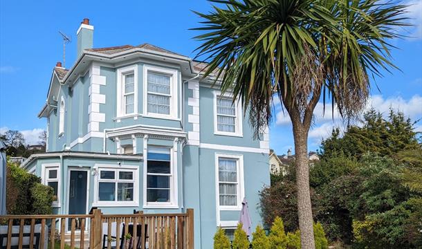 Detached villa in south facing garden on a sunny day with palm tree in foreground