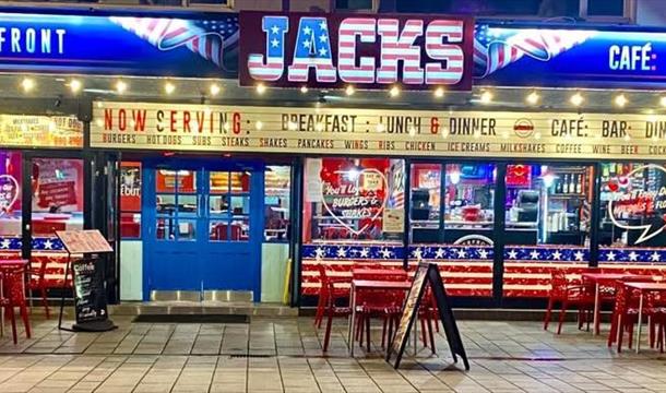 Jacks frontage in red white and blue and pictures of the food and drinks
