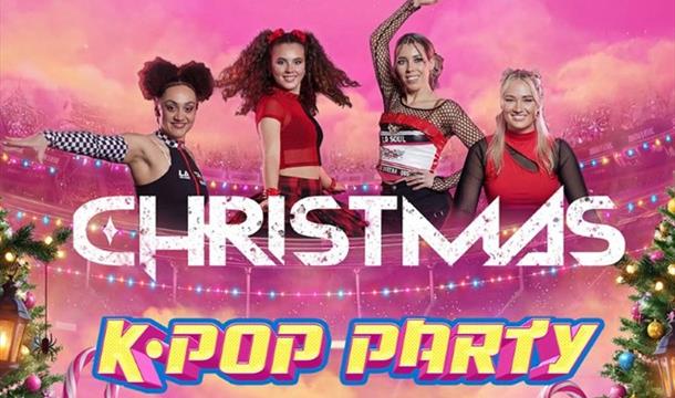 poster showing four performers against a pink background