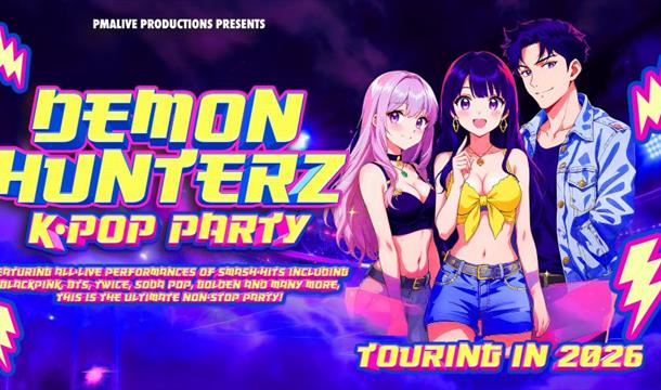 DEMON HUNTERZ K-Pop Party poster showing CARTOON CHARACTERS