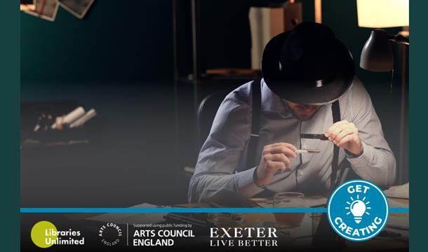 person in a bowler hat looking through a magnifying glass in a dimly lit room