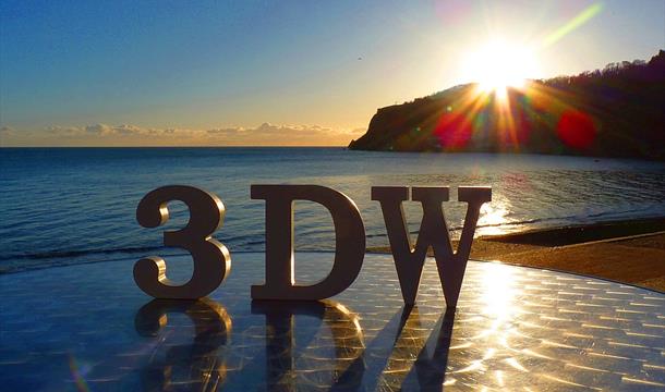 A wooden 3, D and W on a table looking out to sea at sunrise