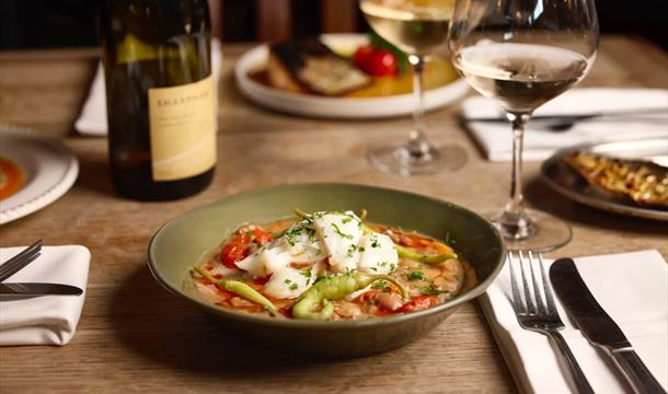Meal and wine at ROAM, Sandridge Barton