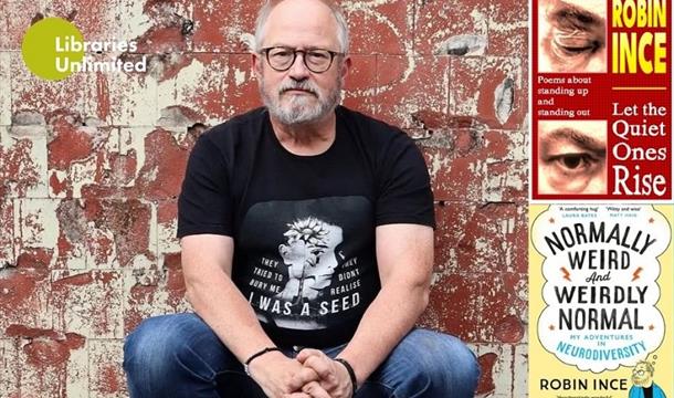 Picture of Robin Ince alongside the cover of the two books he has out this year.