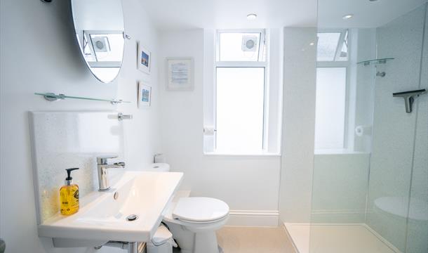 Ensuite bathroom, low profile walk-in shower.