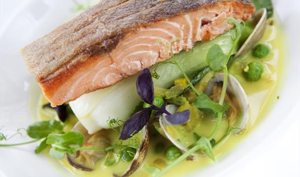 Salmon an clams at the Grand Hotel restaurant 1881, Torquay, Devon