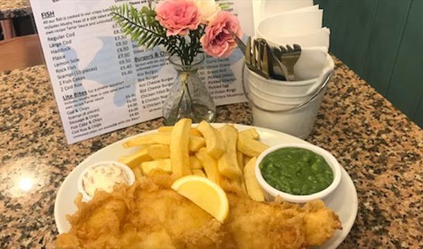 Fish and Chips served at The Usual Plaice, St Marychurch Road, Torquay